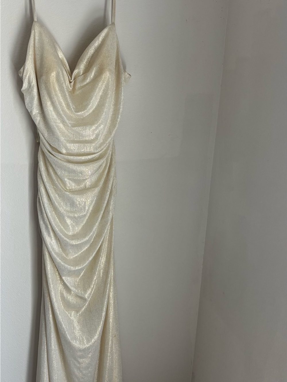La Femme Shimmery Ivory Strapless Cowl Gown